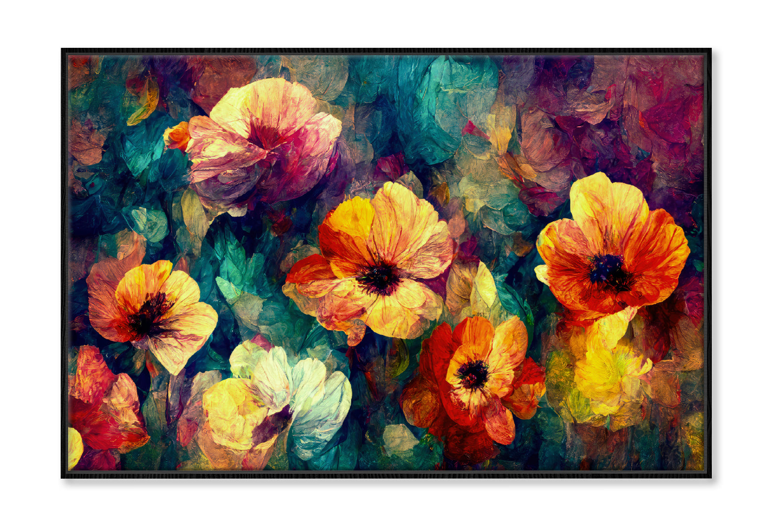 Red Orange Blue Abstract Flowers Oil Painting Wall Art Limited Edition High Quality Print Canvas Box Framed Black