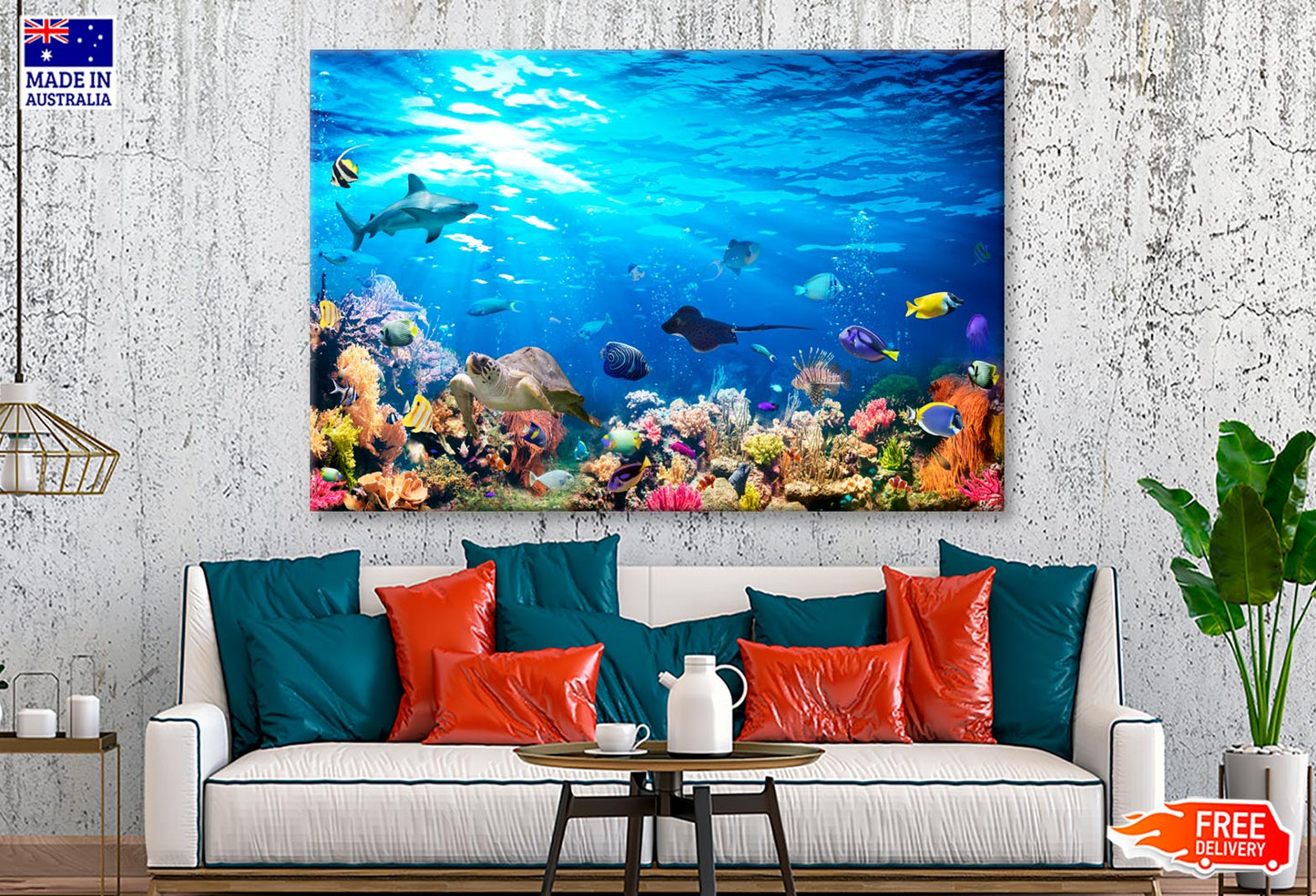 Underwater Scene with Coral Reef and Exotic Fishes Wall Art Decor 100% Australian Made