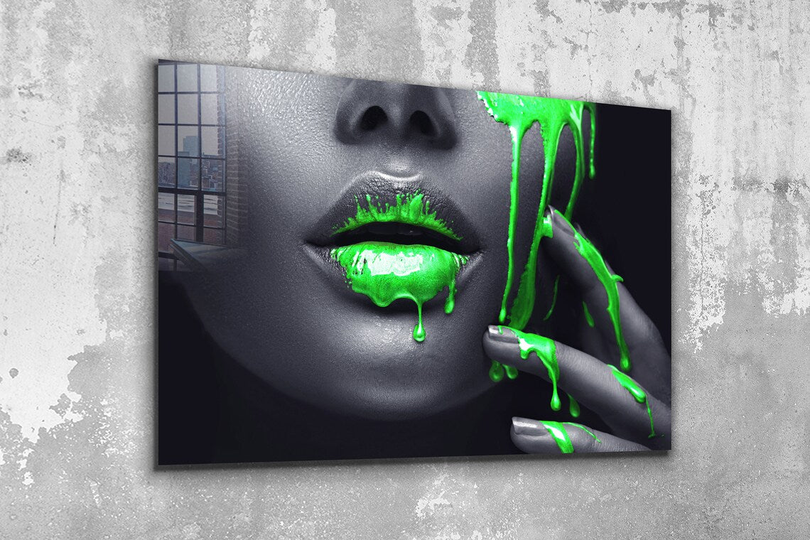 Makeup Girl Green Lips UV Direct Aluminum Print Australian Made Quality