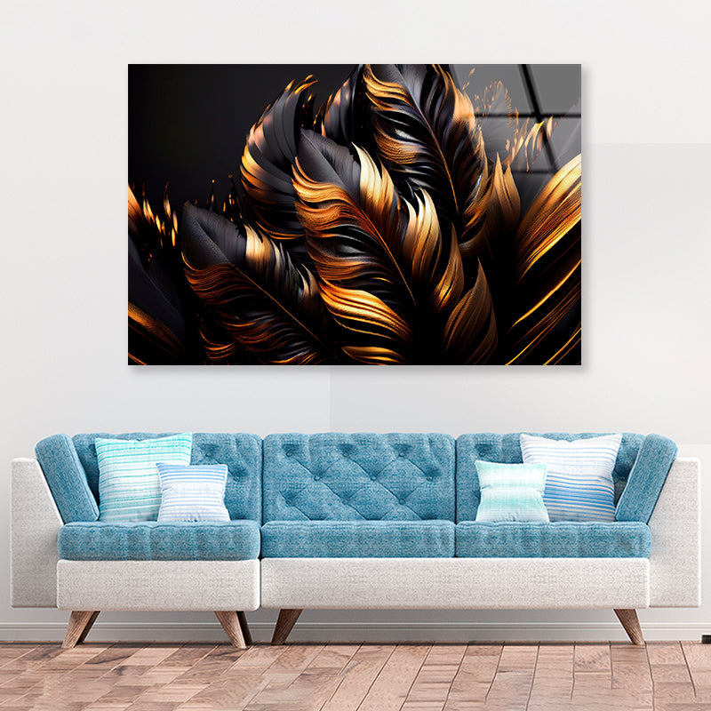 Black and Gold Feathers Acrylic Glass Print Tempered Glass Wall Art 100% Made in Australia Ready to Hang