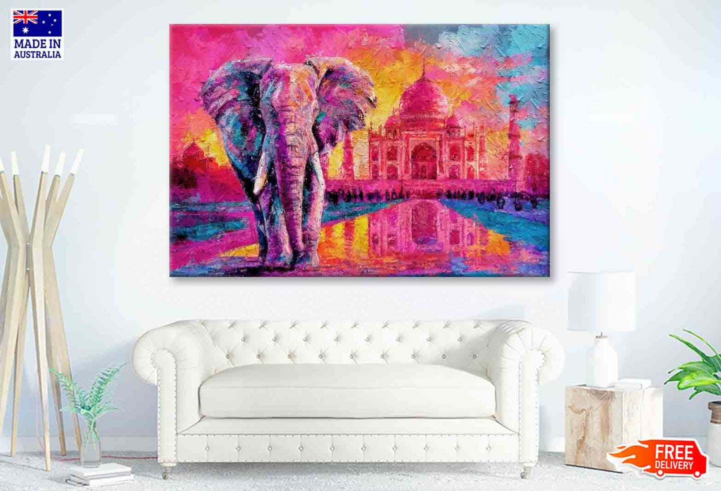 Painting Of Elephant with Taj Mahal Sunset Wall Art Limited Edition High Quality Print