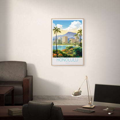 Honolulu Hawaii, Palm Trees & Buildings Travel Poster Print Wall Art