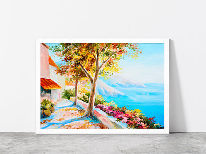 House Near The Sea Seascape Painting Glass Framed Wall Art, Ready to Hang Quality Print Without White Border White