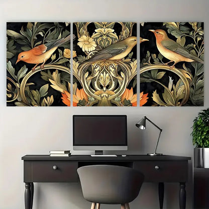 3pcs Brown Beige Songbirds Botanical Metal Print Ready to Hang Art