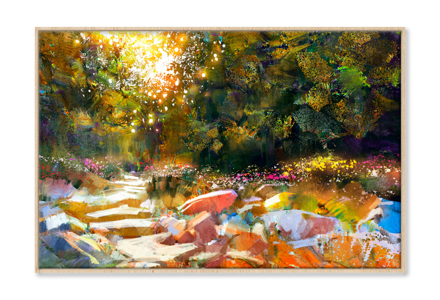 Pathway With Trees & Flowers In Autumn Oil Painting Wall Art Limited Edition High Quality Print Canvas Box Framed Natural