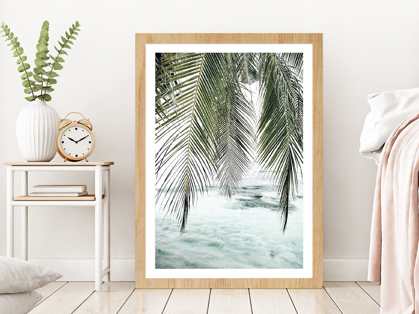 Palm Leaves & Calm Sea Photograph Glass Framed Wall Art, Ready to Hang Quality Print With White Border Oak