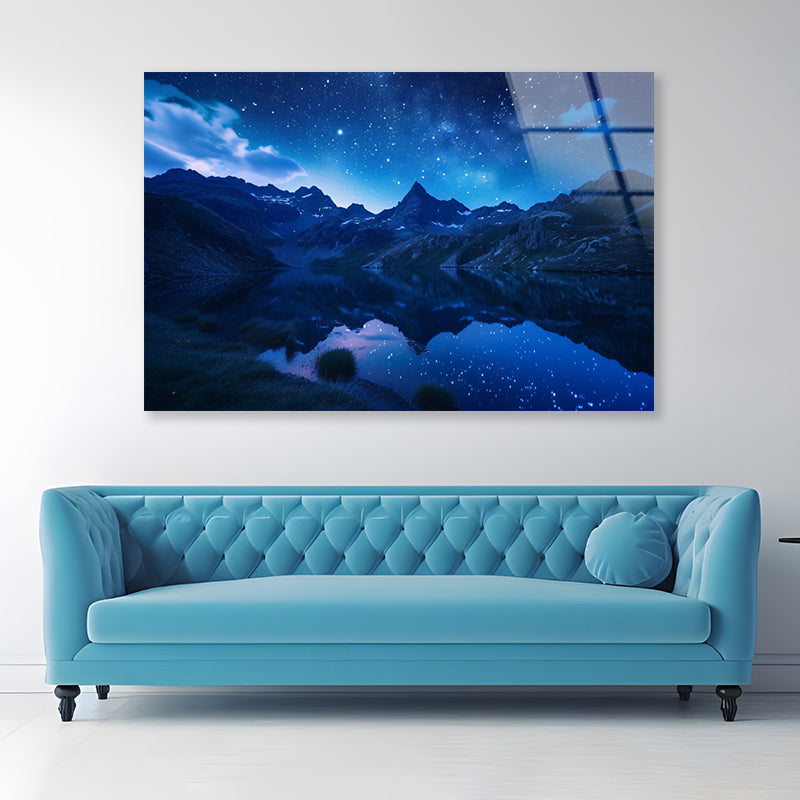 Night View with Mountain Lake and Starry Sky Acrylic Glass Print Tempered Glass Wall Art 100% Made in Australia Ready to Hang