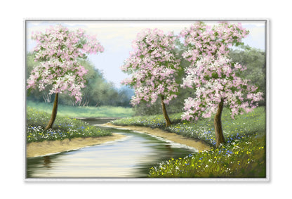 Spring Flower Trees near River Oil Painting Wall Art Limited Edition High Quality Print Canvas Box Framed White