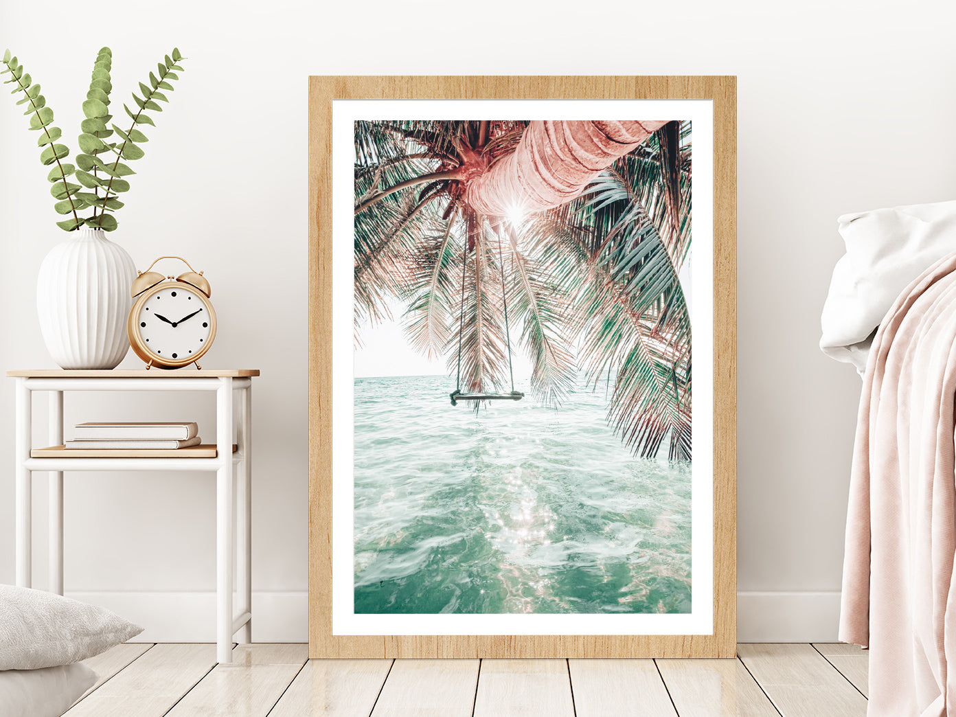 Palm Tree & Clear Water Sea Photograph Glass Framed Wall Art, Ready to Hang Quality Print With White Border Oak