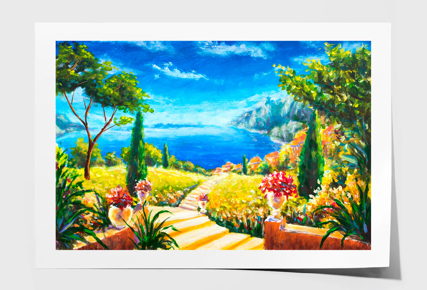 Road To The Ocean, Vases With Flowers & Beautiful Mountains Oil Painting Wall Art Limited Edition High Quality Print Unframed Roll Canvas None