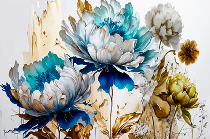 Botanical Flowers Gold Blue Design Wall Art Decor 100% Australian Made