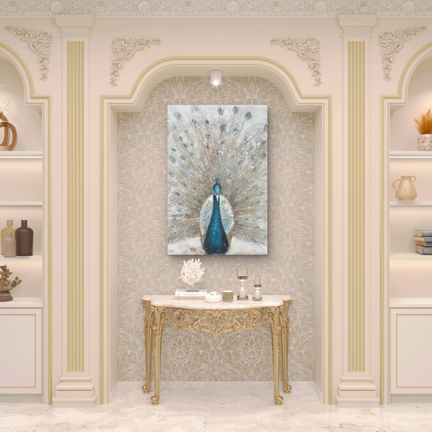 Neutral Blue Teal Peacock Feather Impression 40x60cm Metal Print Ready to Hang