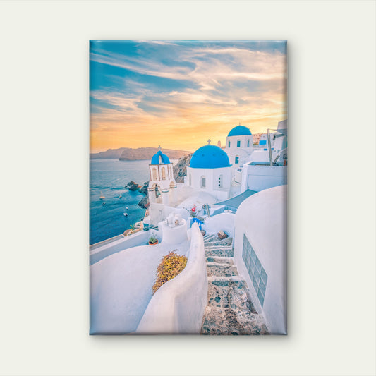 Santorini Winding Stairs Oia White Buildings Blue Domes Wall Art Decor 100% Australian Made