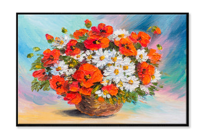 Flower Bouquet Of Poppies & Daisies Oil Painting Wall Art Limited Edition High Quality Print Canvas Box Framed Black