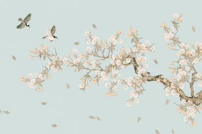 Chinoiserie Style Songbirds and Soft Green Blossoms Branch Wall Art Decor 100% Australian Made