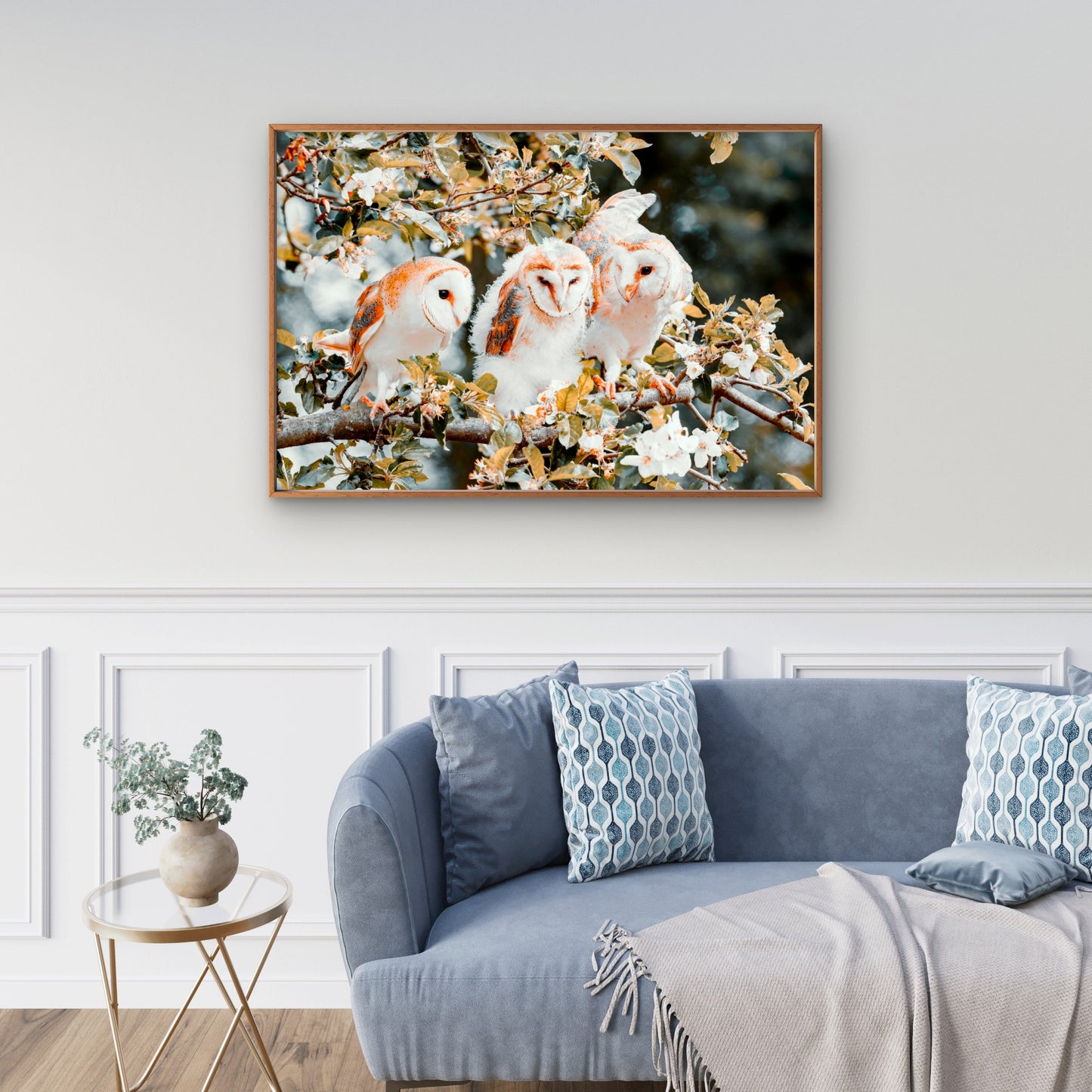 Majestic Barn Owls Perched on a Flowering Branch Wall Art Decor 100% Australian Made