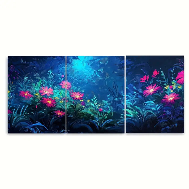 3pcs Vibrant Blue & Pink Floral Scene Metal Print Ready to Hang Art