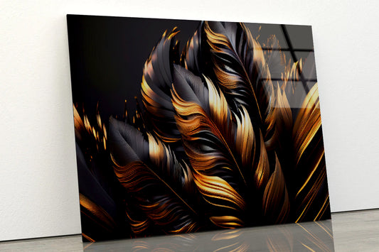 Black and Gold Feathers Acrylic Glass Print Tempered Glass Wall Art 100% Made in Australia Ready to Hang