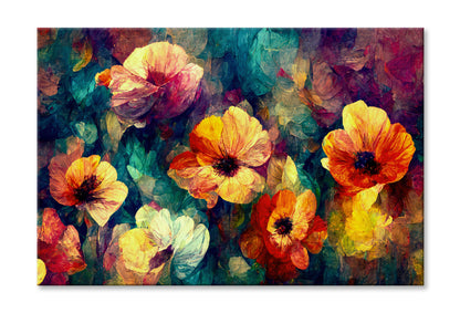 Red Orange Blue Abstract Flowers Oil Painting Wall Art Limited Edition High Quality Print Stretched Canvas None