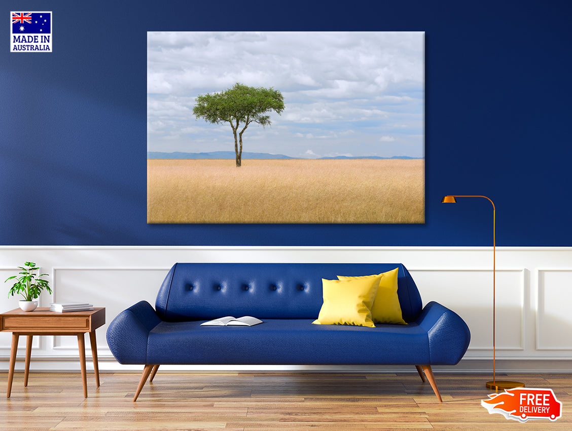 A Single Tree in an Open Field with a Blue Sky Print 100% Australian Made