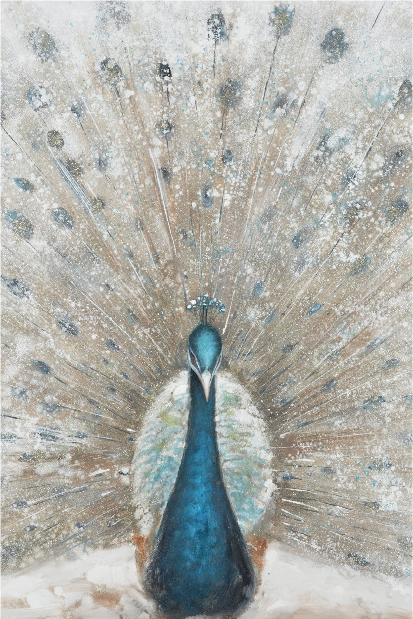 Neutral Blue Teal Peacock Feather Impression 40x60cm Metal Print Ready to Hang
