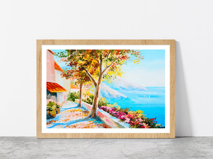 House Near The Sea Seascape Painting Glass Framed Wall Art, Ready to Hang Quality Print With White Border Oak