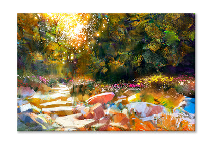 Pathway With Trees & Flowers In Autumn Oil Painting Wall Art Limited Edition High Quality Print Stretched Canvas None