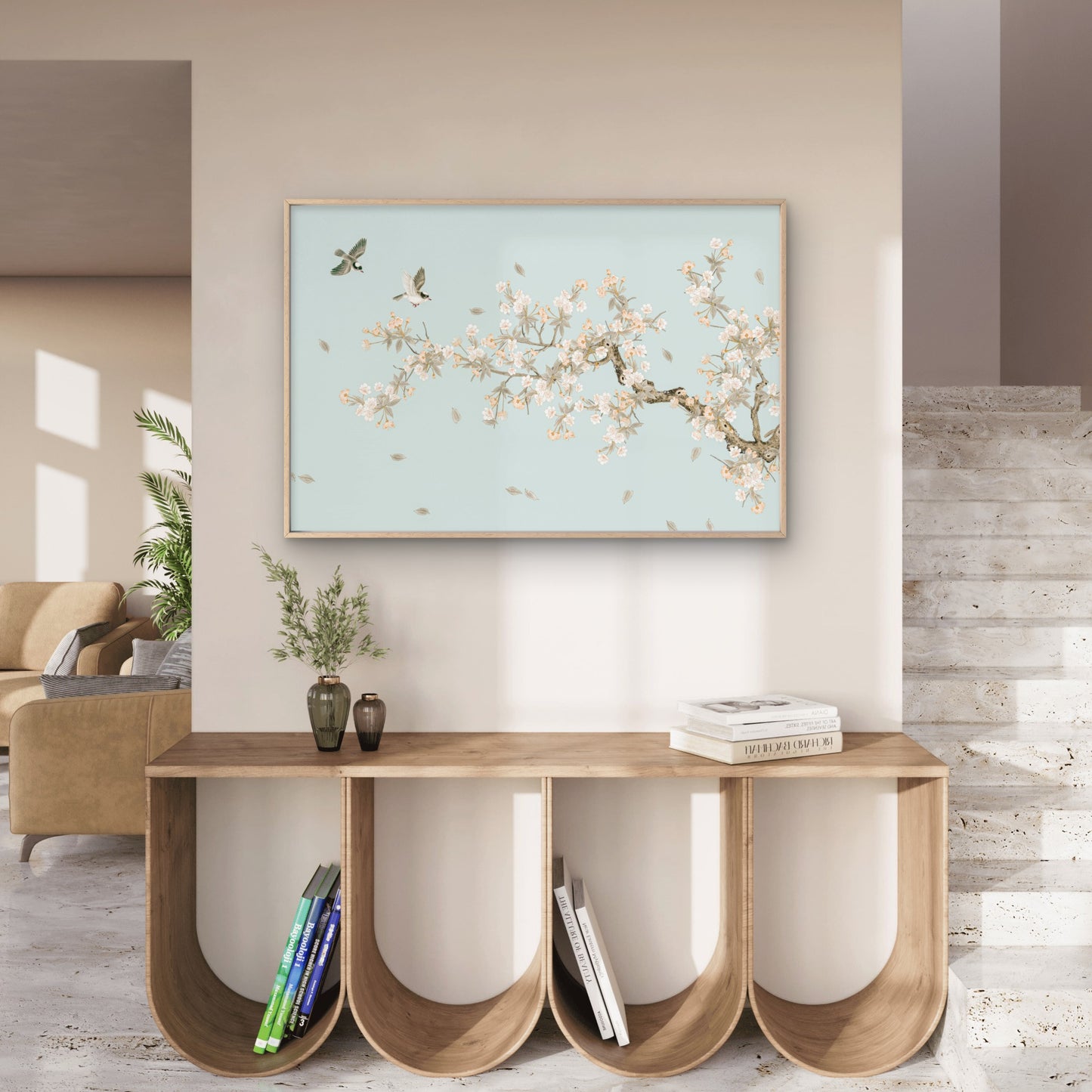 Chinoiserie Style Songbirds and Soft Green Blossoms Branch Wall Art Decor 100% Australian Made