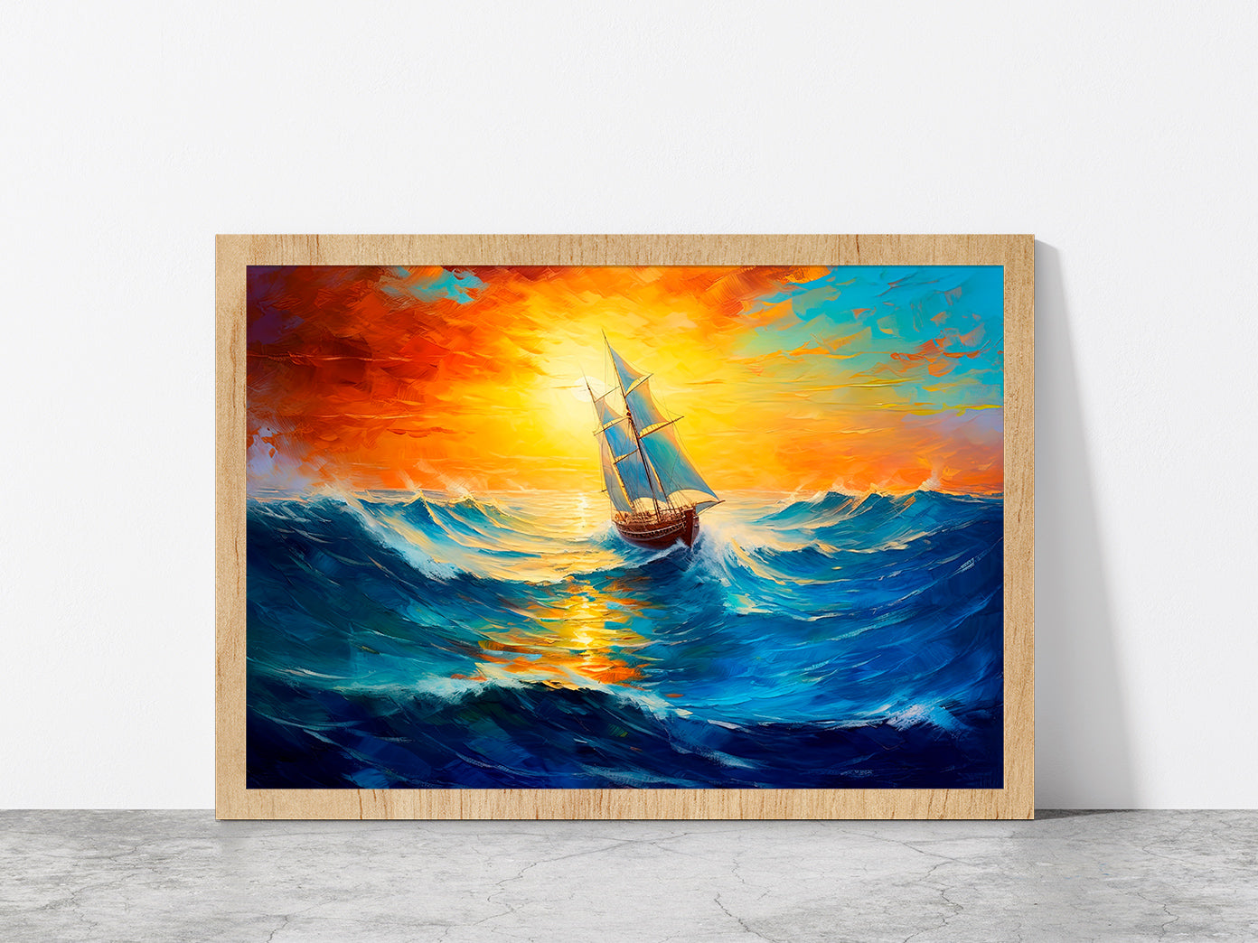 Sailboat Boat At Sunset On The Ocean Glass Framed Wall Art, Ready to Hang Quality Print Without White Border Oak