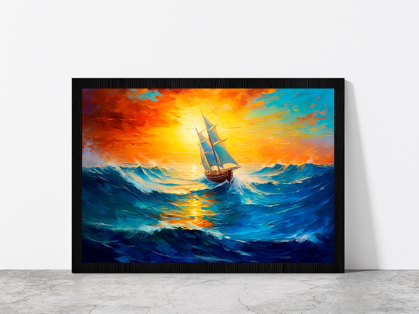 Sailboat Boat At Sunset On The Ocean Glass Framed Wall Art, Ready to Hang Quality Print Without White Border Black