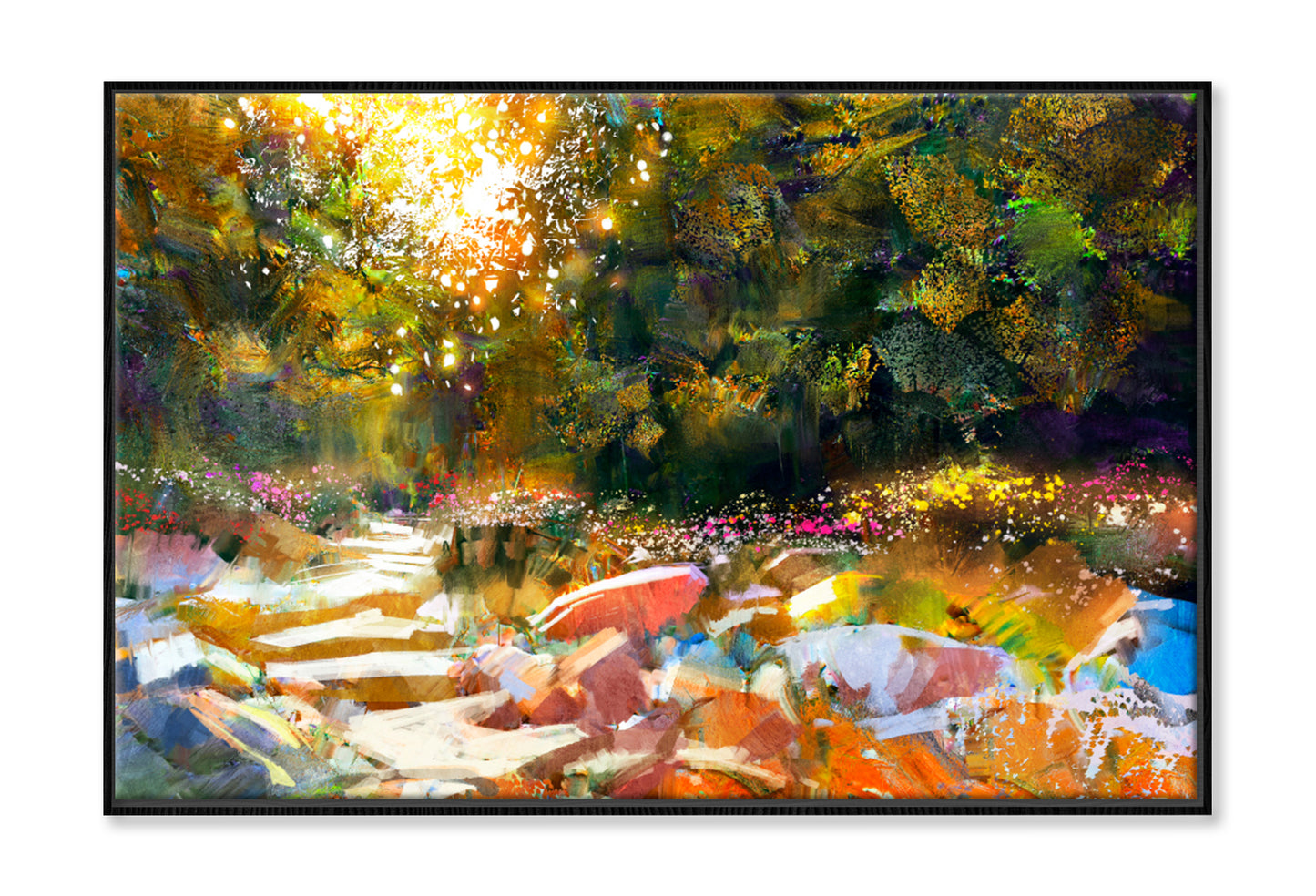 Pathway With Trees & Flowers In Autumn Oil Painting Wall Art Limited Edition High Quality Print Canvas Box Framed Black