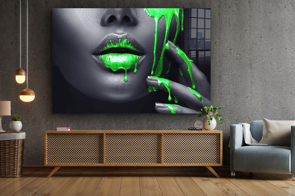 Makeup Girl Green Lips UV Direct Aluminum Print Australian Made Quality