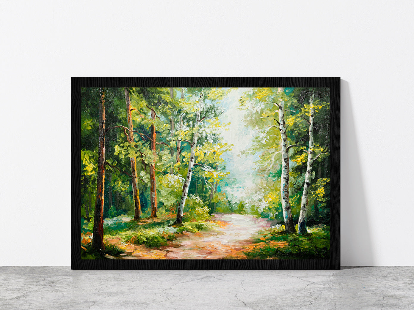 Summer Forest Oil Painting Glass Framed Wall Art, Ready to Hang Quality Print Without White Border Black