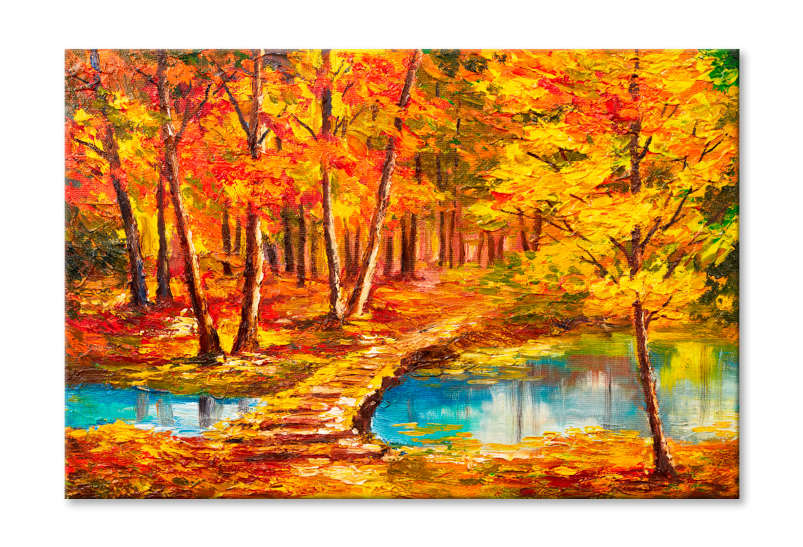 Autumn Forest Near The River, Orange Leaves Oil Painting Limited Edition High Quality Print Stretched Canvas None