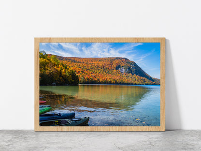 Autumn Forest With Lake & Boats Glass Framed Wall Art, Ready to Hang Quality Print Without White Border Oak