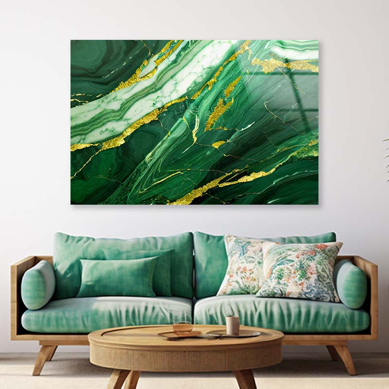 Green Marble with Gold Acrylic Glass Print Tempered Glass Wall Art 100% Made in Australia Ready to Hang