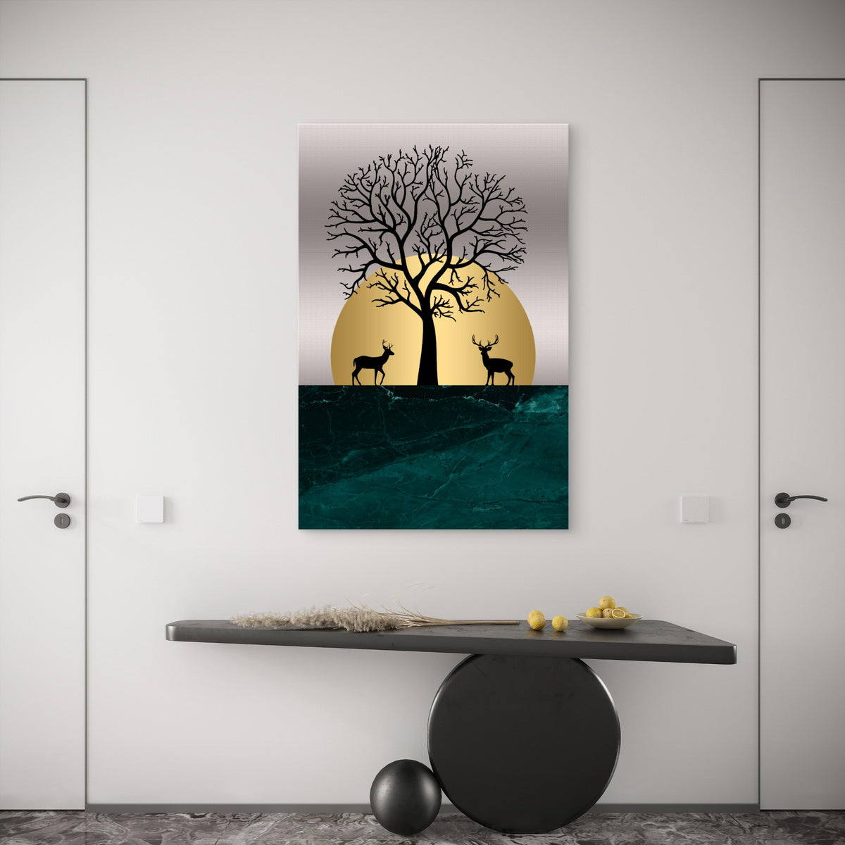 Gold Moon Deer Forest Silhouette 40x60cm Metal Print Ready to Hang