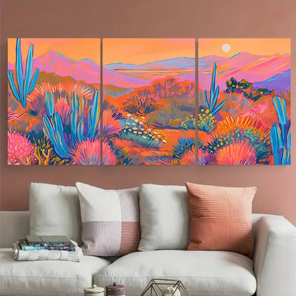 3pcs Vibrant Neon Canyon Cactus Desert Metal Print Ready to Hang Art