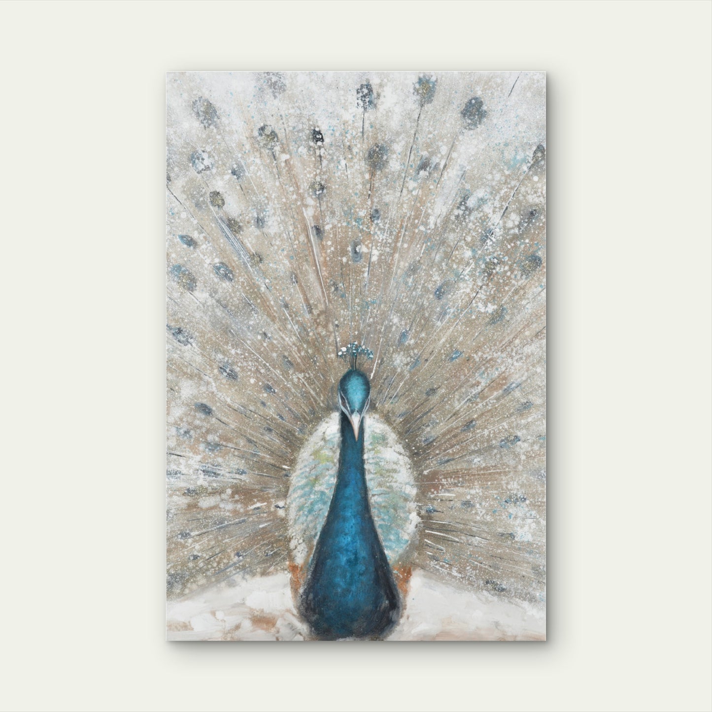 Neutral Blue Teal Peacock Feather Impression 60x90cm Metal Print Ready to Hang