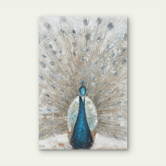 Neutral Blue Teal Peacock Feather Impression 60x90cm Metal Print Ready to Hang