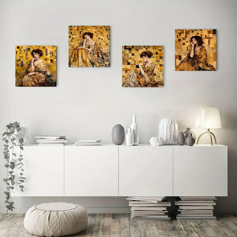 4pcs Elegant Lady In Golden Poster Wall Art Canvas Framed