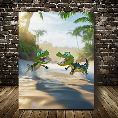 Cartoon Crocodiles Chasing Each Other 40x60cm Metal Print Ready to Hang