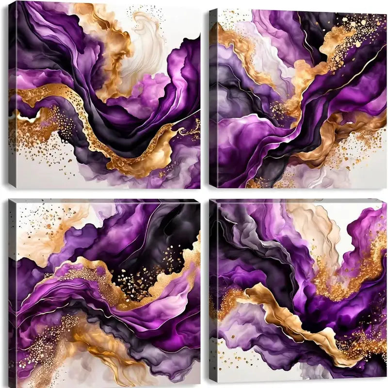 4pcs Abstract Purple Golden Marble Canvas Wall Art Canvas Framed
