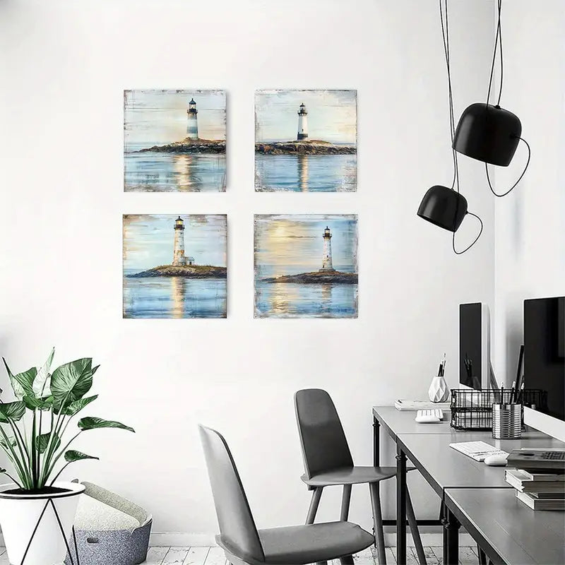 4pcs Nautical Lighthouse Vintage Blue Ocean VO  Wall Art Canvas Framed