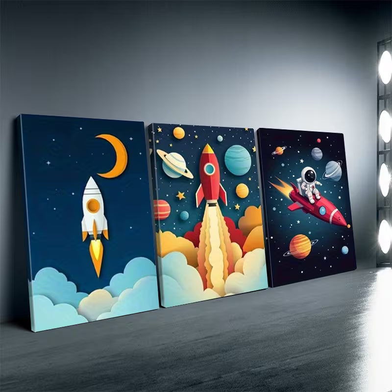3pcs Vibrant Cartoon Rockets & Astronauts Wall Art Set Canvas Framed 40x60cm - High Quality Print 100% Australian Made Wall Canvas Ready to Hang