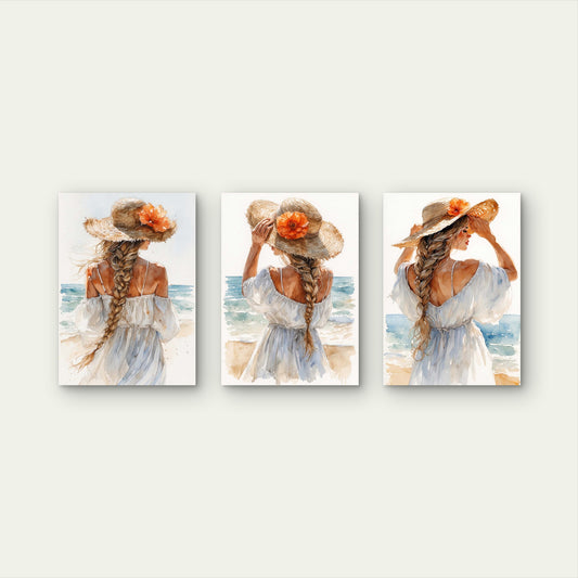 3pcs Watercolor Beach Girl Straw Hat Flower Wall Art Set Canvas Framed 50x70cm - High Quality Print 100% Australian Made Wall Canvas Ready to Hang