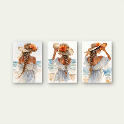 3pcs Watercolor Beach Girl Straw Hat Flower Wall Art Set Canvas Framed 60x90cm - High Quality Print 100% Australian Made Wall Canvas Ready to Hang