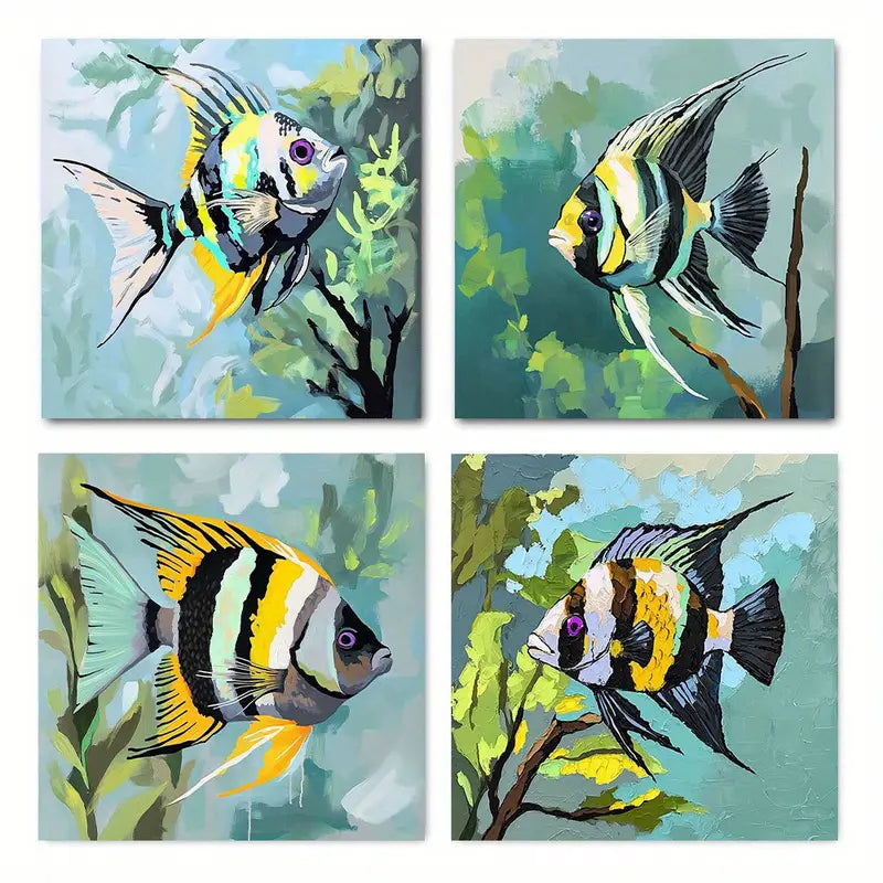 4pcs Decor Angelfish Wall Art Canvas Framed