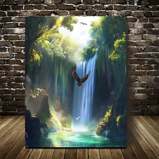 Hawk Swinging from Trees Near Crystal 40x60cm Metal Print Ready to Hang