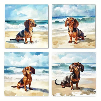4pcs Charming Dachshund& Ocean Wall Art Canvas Framed